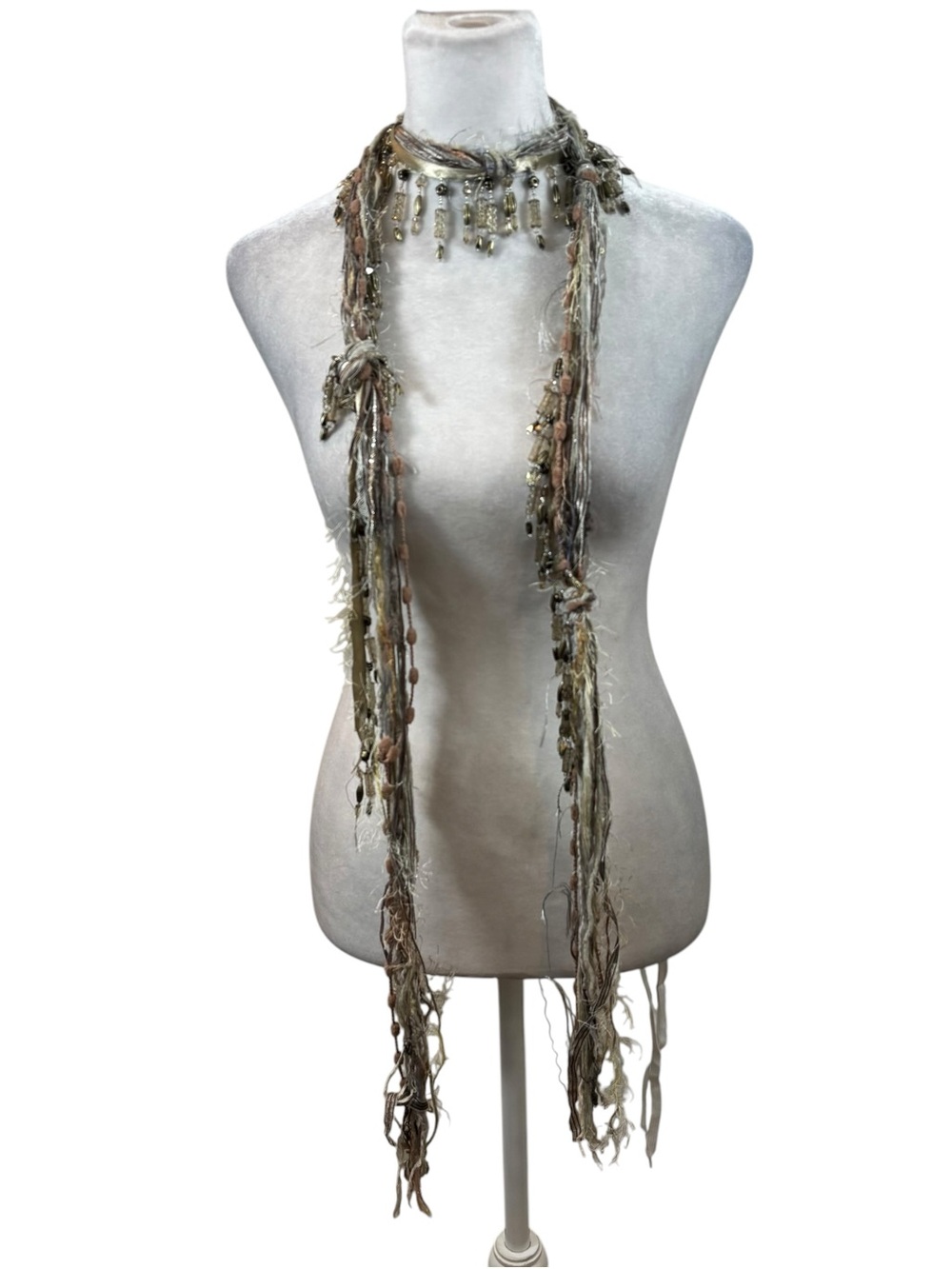 Unique Boho Bead, Ribbon and Mixed Material Thin Scarf - Picture 2 of 8
